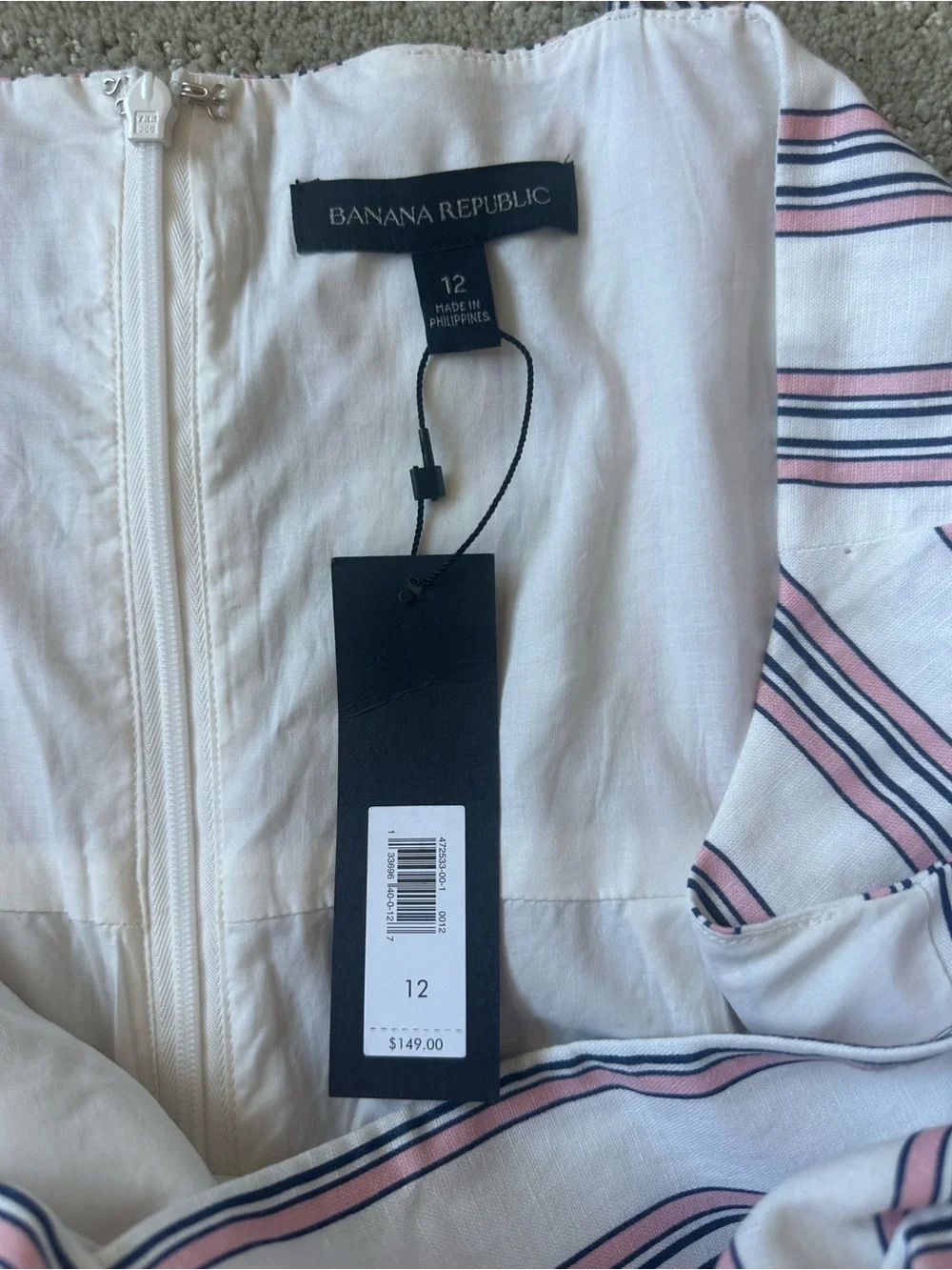 Banana Republic White Wide Leg Linen Jumpsuit with Pink & Navy Stripes Sz 12 NWT